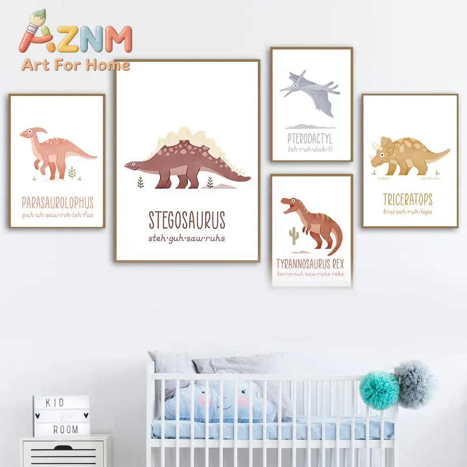 Kids Education Name - AZNM Sevimli Dinozor Temalı Tuval Duvar